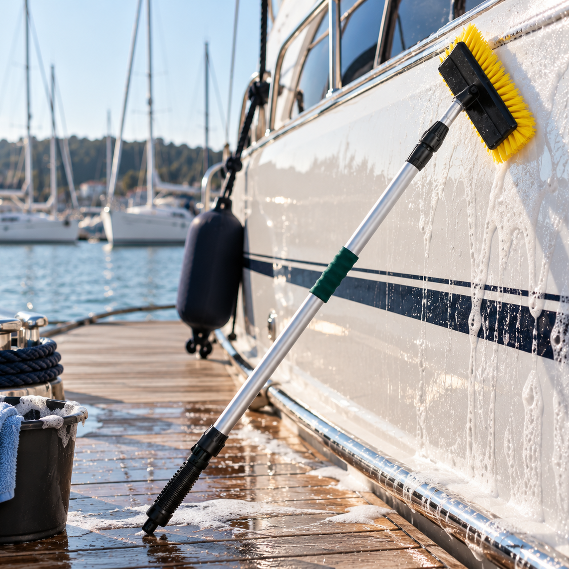 Waschbüste lehnt nach der Benutzung am Boot.