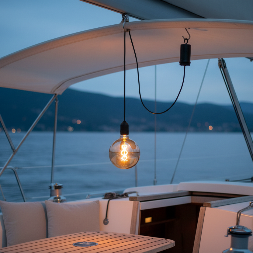 LED Batterie-Hängelampe Bowl hängt an einem Bootverdeck